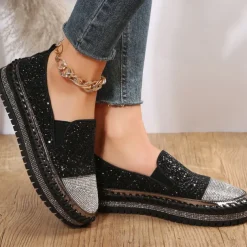 Women's Glitter Slip-On Loafers – Sparkly Rhinestone Embellished Platform Shoes for Casual Wear and Summer Outings