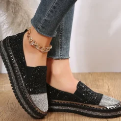 Women's Glitter Slip-On Loafers – Sparkly Rhinestone Embellished Platform Shoes for Casual Wear and Summer Outings