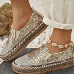 Women's Glitter Slip-On Loafers – Sparkly Rhinestone Embellished Platform Shoes for Casual Wear and Summer Outings