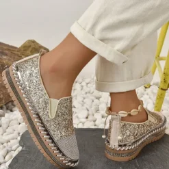 Women's Glitter Slip-On Loafers – Sparkly Rhinestone Embellished Platform Shoes for Casual Wear and Summer Outings