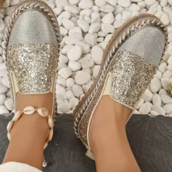 Women's Glitter Slip-On Loafers – Sparkly Rhinestone Embellished Platform Shoes for Casual Wear and Summer Outings