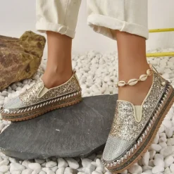 Women's Glitter Slip-On Loafers – Sparkly Rhinestone Embellished Platform Shoes for Casual Wear and Summer Outings