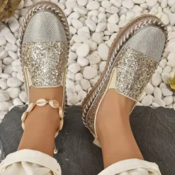 Women's Glitter Slip-On Loafers – Sparkly Rhinestone Embellished Platform Shoes for Casual Wear and Summer Outings