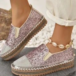 Women's Glitter Slip-On Loafers – Sparkly Rhinestone Embellished Platform Shoes for Casual Wear and Summer Outings