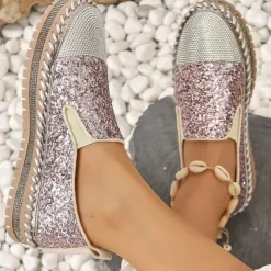 Women's Glitter Slip-On Loafers – Sparkly Rhinestone Embellished Platform Shoes for Casual Wear and Summer Outings