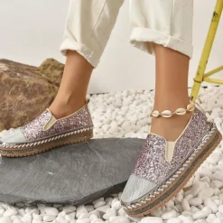 Women's Glitter Slip-On Loafers – Sparkly Rhinestone Embellished Platform Shoes for Casual Wear and Summer Outings