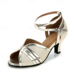 Women's Glittery Latin Dance Shoes with Ankle Strap and Soft Suede Sole, Comfortable Heeled Dance Shoes for Salsa Ballroom Performance