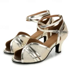 Women's Glittery Latin Dance Shoes with Ankle Strap and Soft Suede Sole, Comfortable Heeled Dance Shoes for Salsa Ballroom Performance