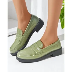 Women's Glossy Faux Leather Loafers with Round Toe and Low Heel, Elegant Slip-On Work Shoes for Urban Professionals, All-Day Wear