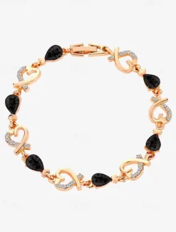 Women's Gold Bracelet with Red Teardrop Crystals and Heart-Shaped Accents, Elegant Romantic Design for Valentine's Day Gift, Weddings, and Special Occasions