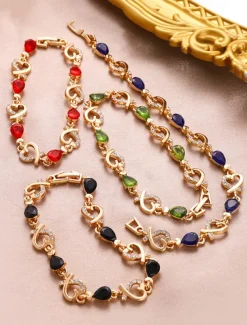 Women's Gold Bracelet with Red Teardrop Crystals and Heart-Shaped Accents, Elegant Romantic Design for Valentine's Day Gift, Weddings, and Special Occasions