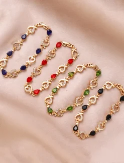 Women's Gold Bracelet with Red Teardrop Crystals and Heart-Shaped Accents, Elegant Romantic Design for Valentine's Day Gift, Weddings, and Special Occasions