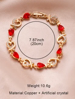 Women's Gold Bracelet with Red Teardrop Crystals and Heart-Shaped Accents, Elegant Romantic Design for Valentine's Day Gift, Weddings, and Special Occasions