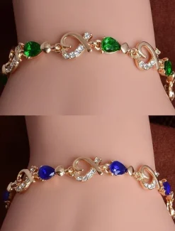 Women's Gold Bracelet with Red Teardrop Crystals and Heart-Shaped Accents, Elegant Romantic Design for Valentine's Day Gift, Weddings, and Special Occasions