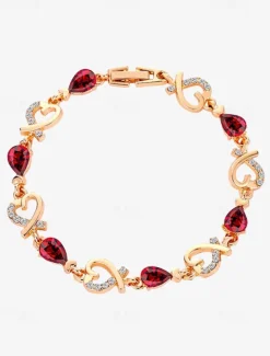 Women's Gold Bracelet with Red Teardrop Crystals and Heart-Shaped Accents, Elegant Romantic Design for Valentine's Day Gift, Weddings, and Special Occasions