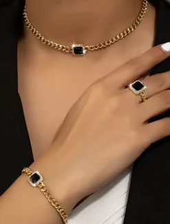 Women's Gold Chain Jewelry Set with Red Square Gemstone – Necklace, Bracelet, and Ring for Weddings, Parties, and Elegant Occasions