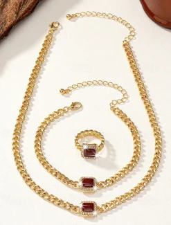 Women's Gold Chain Jewelry Set with Red Square Gemstone – Necklace, Bracelet, and Ring for Weddings, Parties, and Elegant Occasions