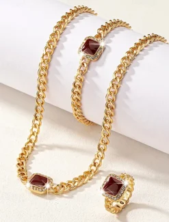 Women's Gold Chain Jewelry Set with Red Square Gemstone – Necklace, Bracelet, and Ring for Weddings, Parties, and Elegant Occasions