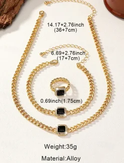Women's Gold Chain Jewelry Set with Red Square Gemstone – Necklace, Bracelet, and Ring for Weddings, Parties, and Elegant Occasions