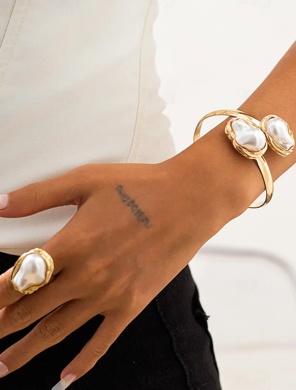 Women's Gold Chunky Choker,Bracelet, Ring Necklace with Baroque Pearl - Bold Statement Jewelry for Weddings, Galas and Evening Parties