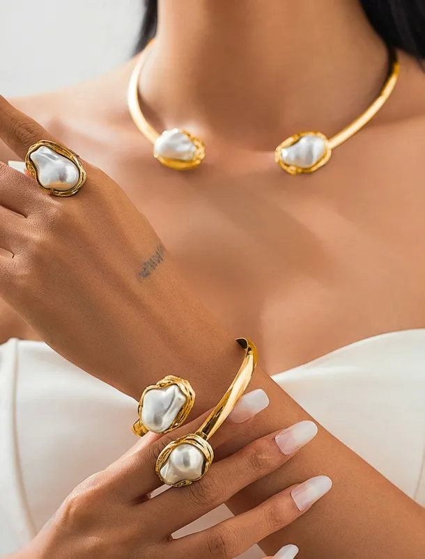 Women's Gold Chunky Choker,Bracelet, Ring Necklace with Baroque Pearl - Bold Statement Jewelry for Weddings, Galas and Evening Parties