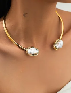 Women's Gold Chunky Choker,Bracelet, Ring Necklace with Baroque Pearl - Bold Statement Jewelry for Weddings, Galas and Evening Parties