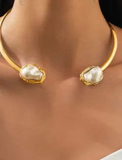 Women's Gold Chunky Choker,Bracelet, Ring Necklace with Baroque Pearl - Bold Statement Jewelry for Weddings, Galas and Evening Parties