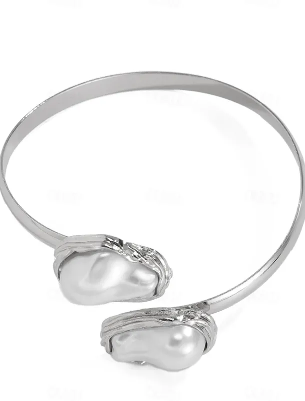 Women's Gold Chunky Choker,Bracelet, Ring Necklace with Baroque Pearl - Bold Statement Jewelry for Weddings, Galas and Evening Parties