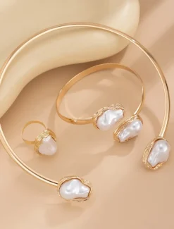 Women's Gold Chunky Choker,Bracelet, Ring Necklace with Baroque Pearl - Bold Statement Jewelry for Weddings, Galas and Evening Parties