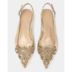 Women's Gold Embellished Pointed Toe Slingback Flats with Crystal Detailing - Luxurious Bridal Shoes for Weddings and Special Events
