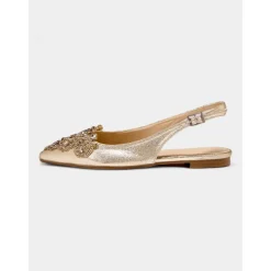 Women's Gold Embellished Pointed Toe Slingback Flats with Crystal Detailing - Luxurious Bridal Shoes for Weddings and Special Events