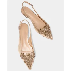 Women's Gold Embellished Pointed Toe Slingback Flats with Crystal Detailing - Luxurious Bridal Shoes for Weddings and Special Events