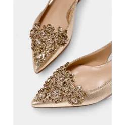 Women's Gold Embellished Pointed Toe Slingback Flats with Crystal Detailing - Luxurious Bridal Shoes for Weddings and Special Events