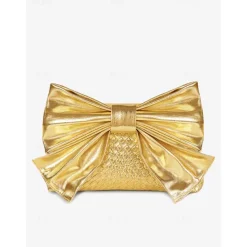 Women's Gold Faux Leather Clutch Bag with Oversized Bow Design, Textured Finish, Perfect for Evening Parties, Weddings, and Formal Events Silver Black Gold