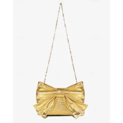 Women's Gold Faux Leather Clutch Bag with Oversized Bow Design, Textured Finish, Perfect for Evening Parties, Weddings, and Formal Events Silver Black Gold