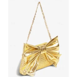 Women's Gold Faux Leather Clutch Bag with Oversized Bow Design, Textured Finish, Perfect for Evening Parties, Weddings, and Formal Events Silver Black Gold