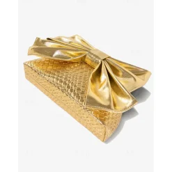 Women's Gold Faux Leather Clutch Bag with Oversized Bow Design, Textured Finish, Perfect for Evening Parties, Weddings, and Formal Events Silver Black Gold