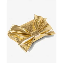 Women's Gold Faux Leather Clutch Bag with Oversized Bow Design, Textured Finish, Perfect for Evening Parties, Weddings, and Formal Events Silver Black Gold