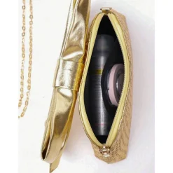 Women's Gold Faux Leather Clutch Bag with Oversized Bow Design, Textured Finish, Perfect for Evening Parties, Weddings, and Formal Events Silver Black Gold