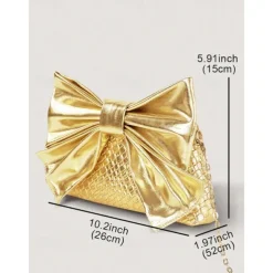 Women's Gold Faux Leather Clutch Bag with Oversized Bow Design, Textured Finish, Perfect for Evening Parties, Weddings, and Formal Events Silver Black Gold