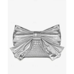 Women's Gold Faux Leather Clutch Bag with Oversized Bow Design, Textured Finish, Perfect for Evening Parties, Weddings, and Formal Events Silver Black Gold
