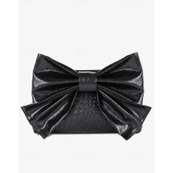 Women's Gold Faux Leather Clutch Bag with Oversized Bow Design, Textured Finish, Perfect for Evening Parties, Weddings, and Formal Events Silver Black Gold
