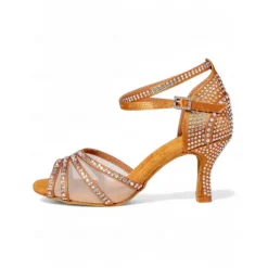 Women's Gold Glitter Ballroom Dance Sandals - Peep Toe, Mesh Straps, Mid Heel, Latin Salsa Tango Shoes for Competition and Party