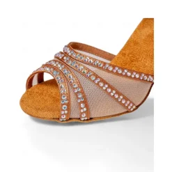 Women's Gold Glitter Ballroom Dance Sandals - Peep Toe, Mesh Straps, Mid Heel, Latin Salsa Tango Shoes for Competition and Party