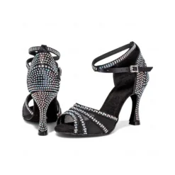 Women's Gold Glitter Ballroom Dance Sandals - Peep Toe, Mesh Straps, Mid Heel, Latin Salsa Tango Shoes for Competition and Party