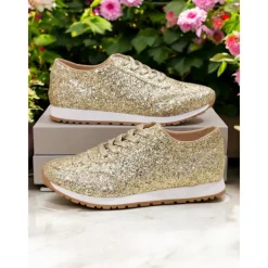 Women's Gold Glitter Lace-Up Sneakers with Comfortable Sole, Lightweight Design and Trendy Style for Parties, Casual Outfits and Festive Occasions