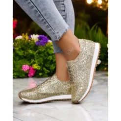 Women's Gold Glitter Lace-Up Sneakers with Comfortable Sole, Lightweight Design and Trendy Style for Parties, Casual Outfits and Festive Occasions
