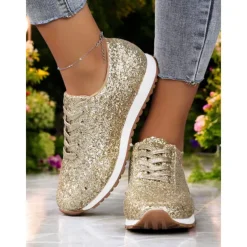 Women's Gold Glitter Lace-Up Sneakers with Comfortable Sole, Lightweight Design and Trendy Style for Parties, Casual Outfits and Festive Occasions