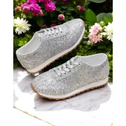 Women's Gold Glitter Lace-Up Sneakers with Comfortable Sole, Lightweight Design and Trendy Style for Parties, Casual Outfits and Festive Occasions