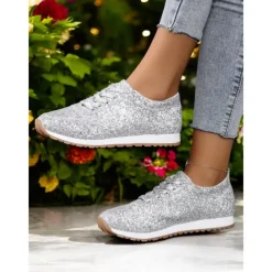 Women's Gold Glitter Lace-Up Sneakers with Comfortable Sole, Lightweight Design and Trendy Style for Parties, Casual Outfits and Festive Occasions